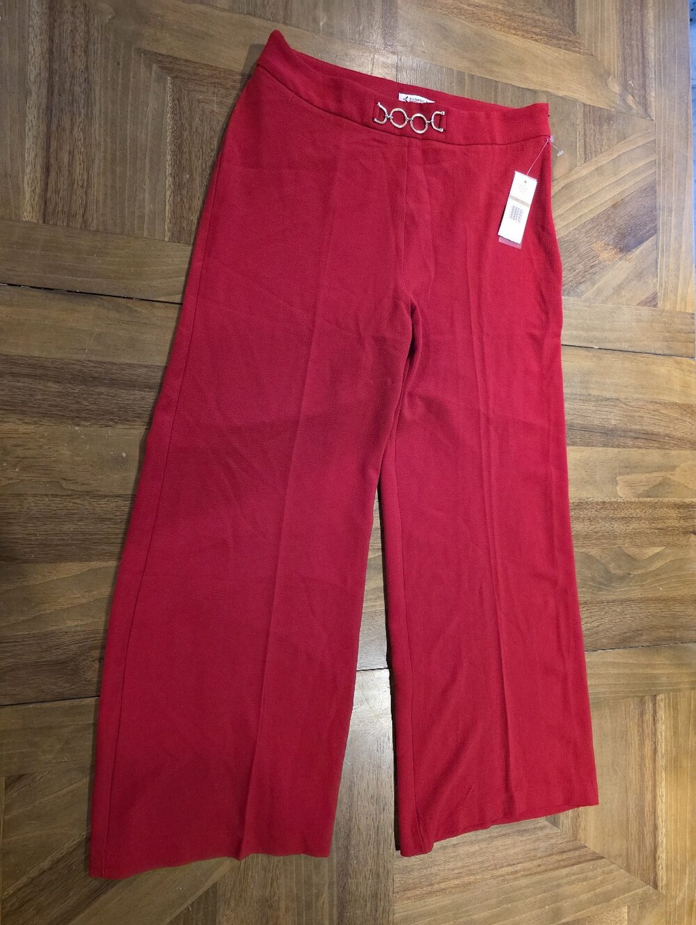 Nanette Lepore Wide Leg Red Pants Sz 12 Pull-on Chain Decor Waist Stretch NWT